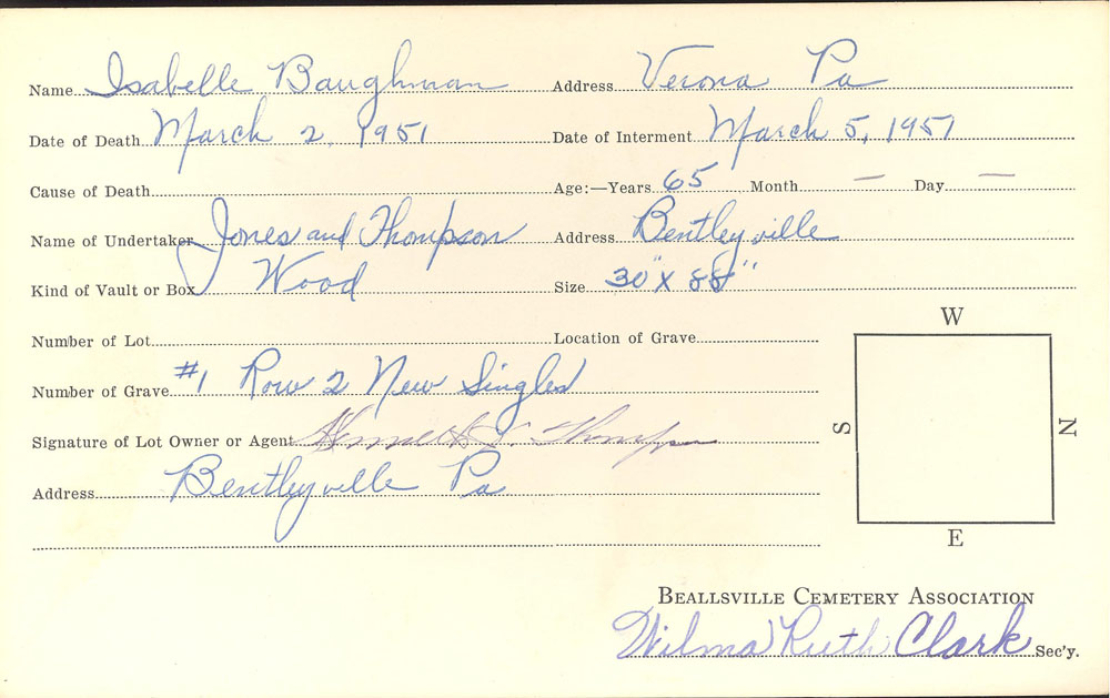 Malissia Isabelle baughman  burial card
